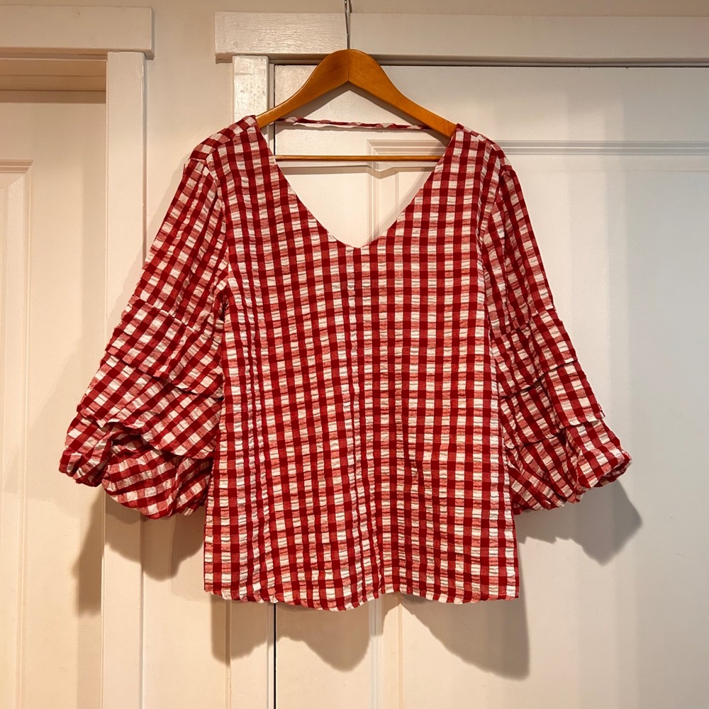 Velvet Heart Gingham Tiered Ruffle Bell Sleeve Top Womens Large Cottagecore Boho